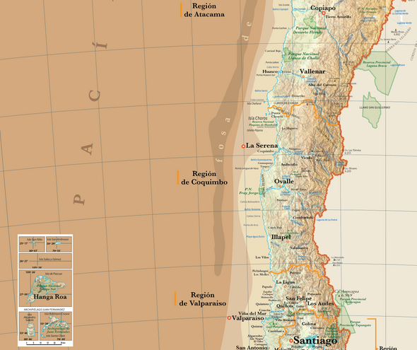 Mapa de Chile físico sepia