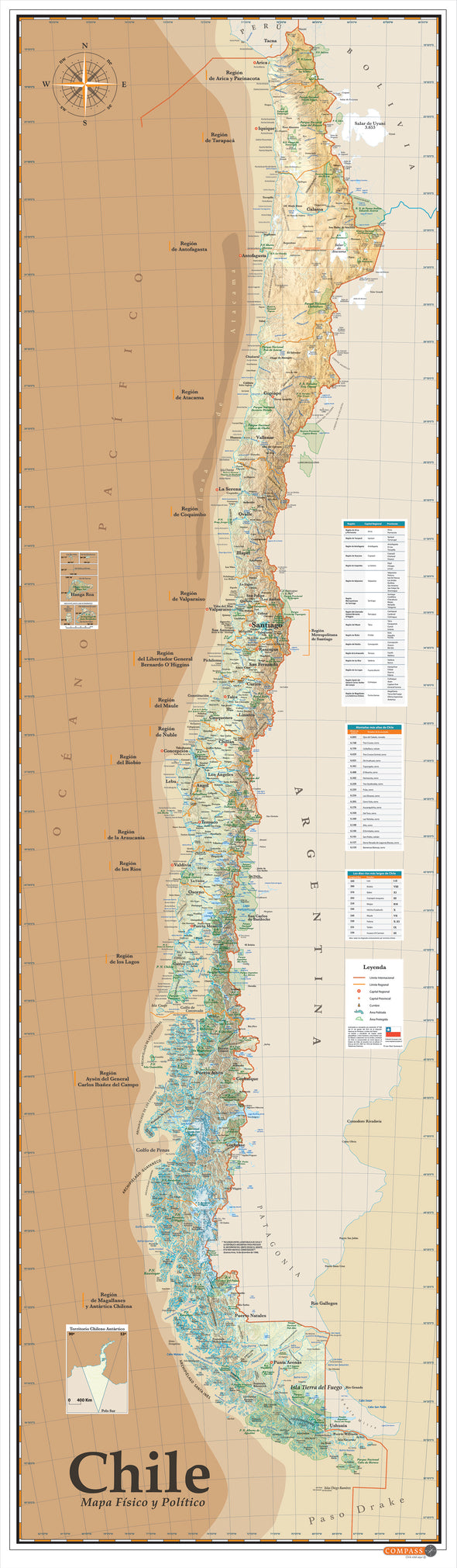Mapa de Chile físico sepia