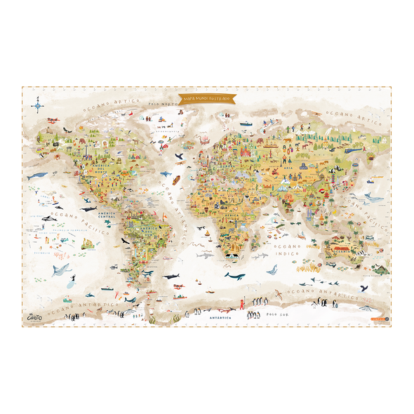 Mapa Mundi Ilustrado Sepia Gran Formato