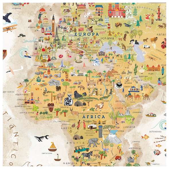 Mapa Mundi Ilustrado Sepia Gran Formato