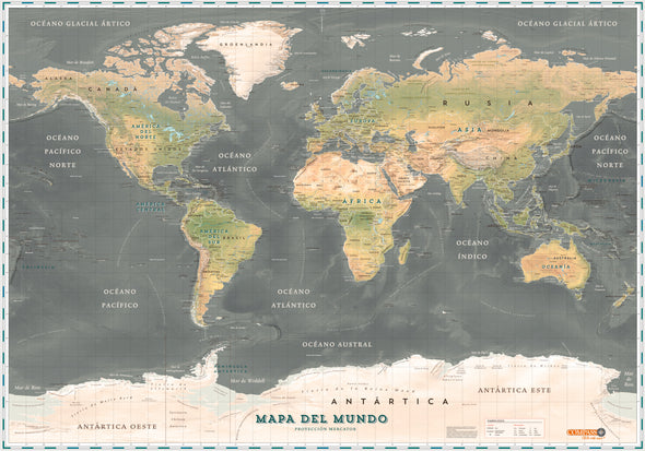Planisferio Físico Sepia proyección Mercator para enmarcar