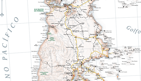 Mapa de Chiloé, patrimonio y mitología Inglés/Español