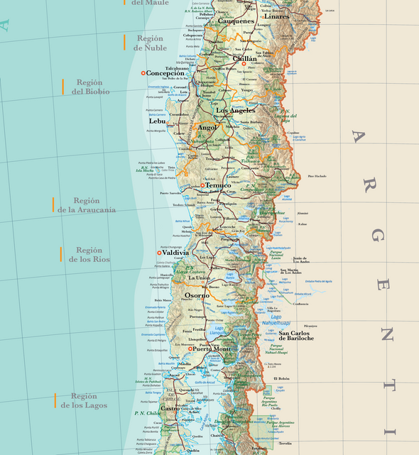 Mapa físico de Chile con caminos