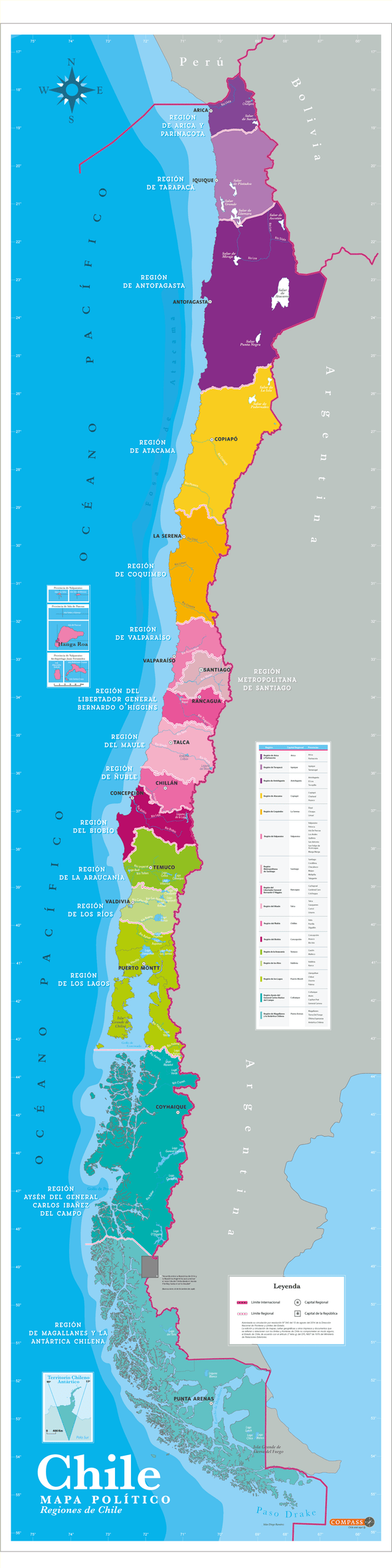 Mapa político de Chile Gran Formato (Largo)