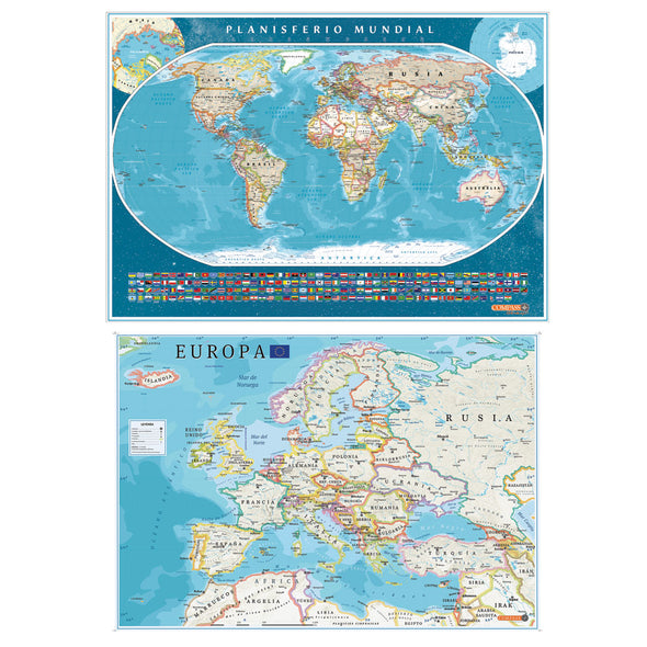 Planisferio mundial político banderas y mapa de Europa